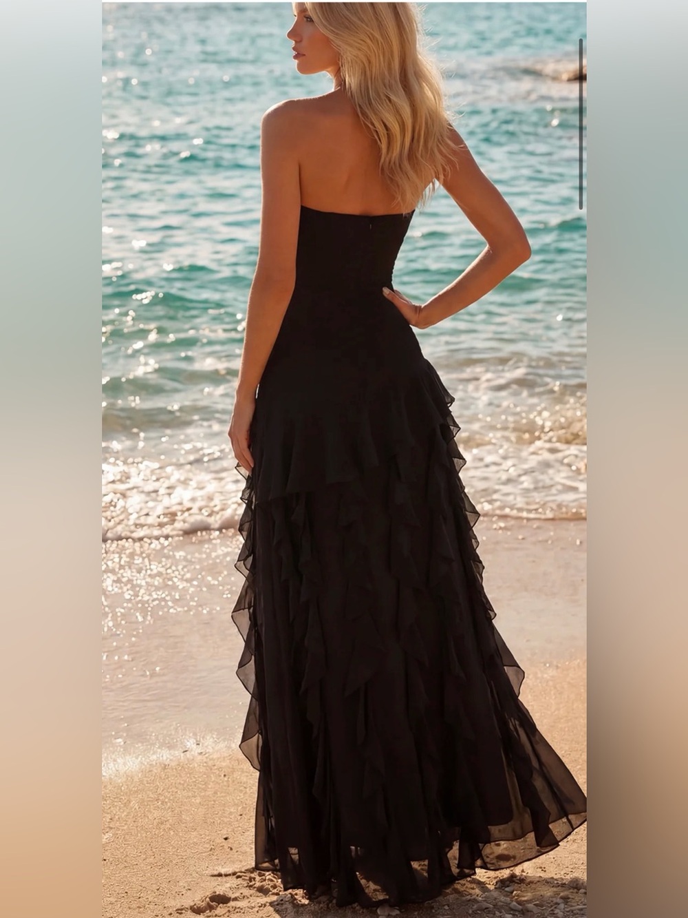 Kay Unger Black Strapless Ruffled Maxi Gown